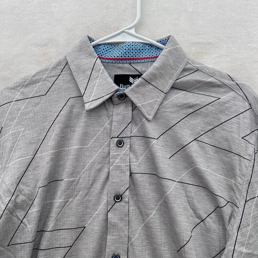 Butter Cloth Shirt Men L Gray Geometric Regular Fit Stretch Button Up - Picture 2 of 9